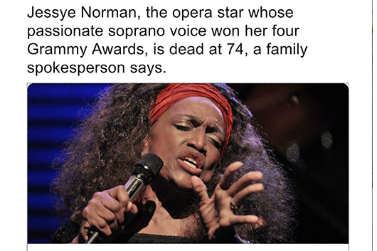 国際的ソプラノ歌手のジェシー・ノーマンが74歳で死去