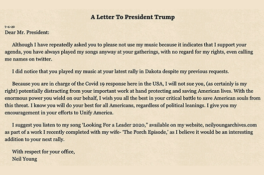 ニール・ヤング、曲を無断使用したトランプ大統領への手紙を公開