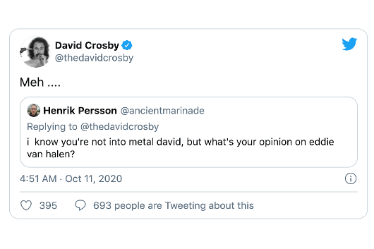 デヴィッド・クロスビー、エディ・ヴァン・ヘイレンについてのツイートを巡り批判の的に