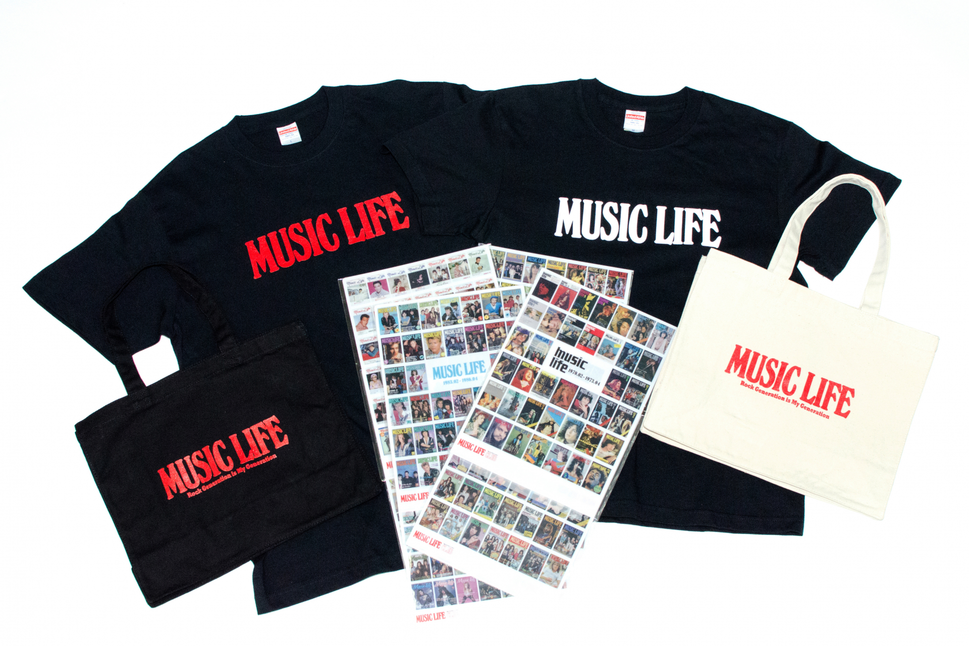 MUSIC LIFEのロゴTシャツ、トート・バッグ、歴代の表紙を掲載したクリアファイル8枚セットが発売!