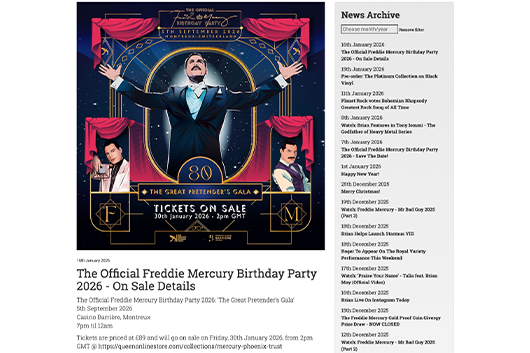 今年9月5日開催のフレディ・マーキュリー公式バースデイ・パーティー、詳細及びチケット販売要領発表