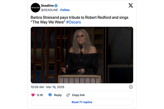 バーブラ・ストライサンド、第98回アカデミー賞授賞式でロバート・レッドフォードを追悼。スピーチで「追憶」を披露