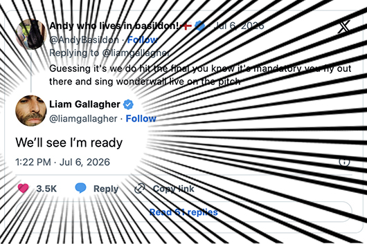 リアム・ギャラガー、イングランドが決勝進出したら当日スタジアムに乗り込んで「Wonderwall」を歌うとSNSで発言