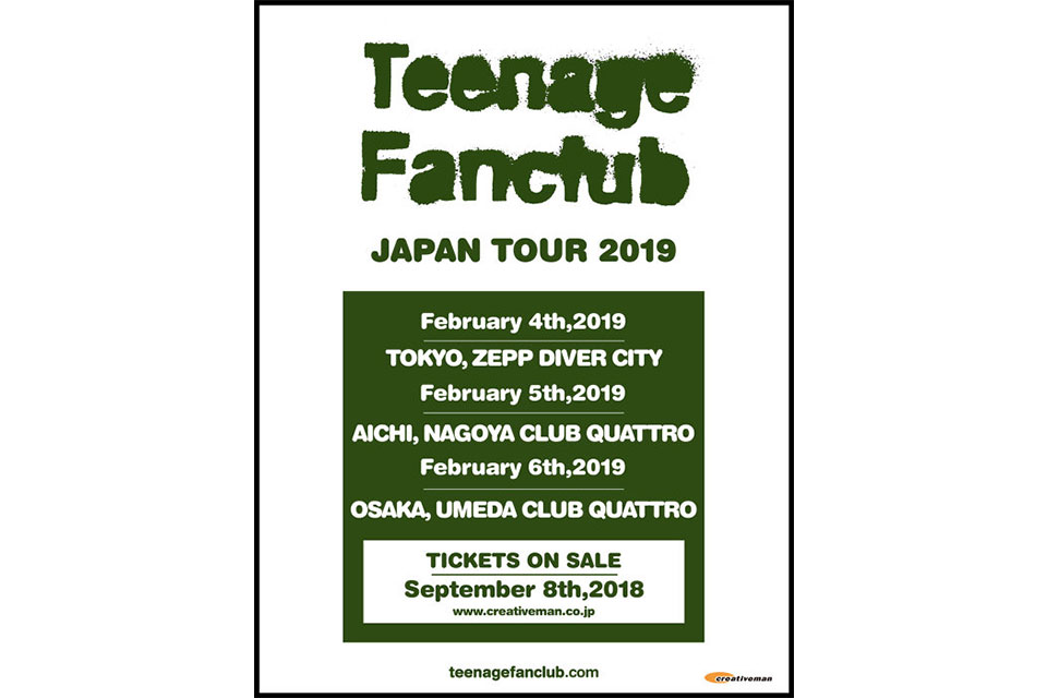 ティーンエイジ・ファンクラブ、2019年2月にバンド結成30周年を記念した日本公演